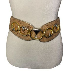 Two Tone Metal and Cork Clasp Adjustable Statement Belt Women S/M Gold Silver